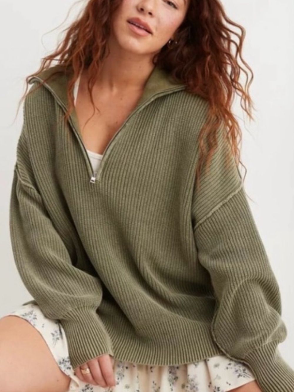 AERIE WOMENS BEYOND QUARTER ZIP SWEATER OLIVE GREEN SMALL